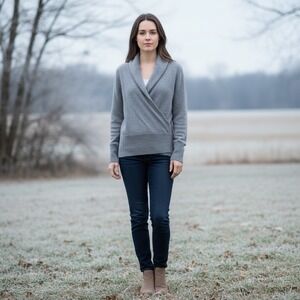 Evelyn Grace Gray 100% Cashmere Shawl Collar Faux Wrap Pullover Sweater Small